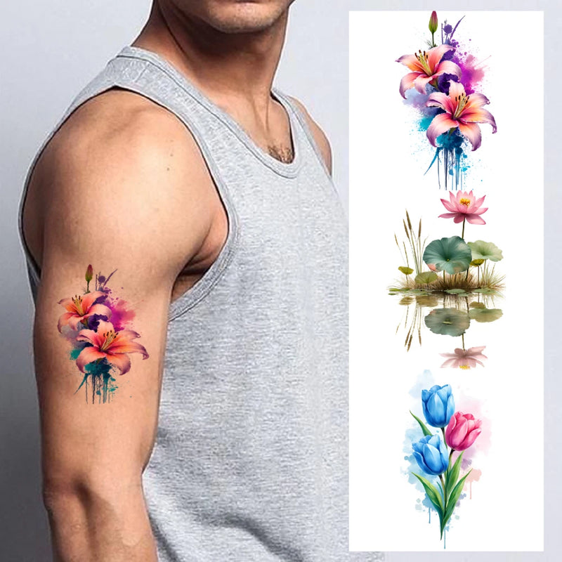 9pcs Temporary Tattoo Watercolor Colorful Flowers Magnolias Water Lilies Lily