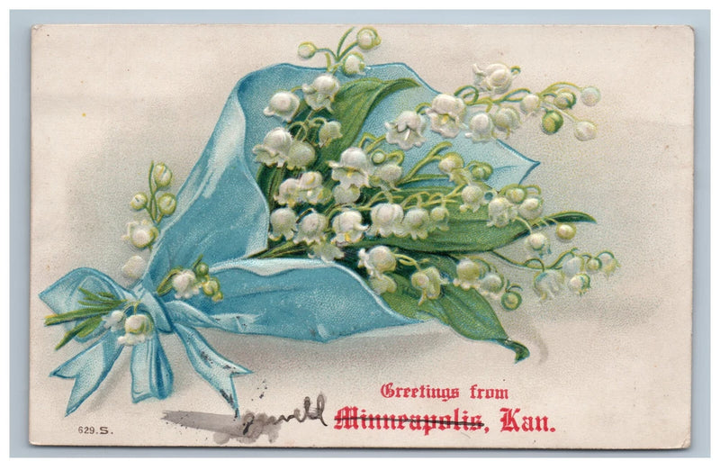 Embossed lily of the valley flowers postcard with blue bow and greeting text