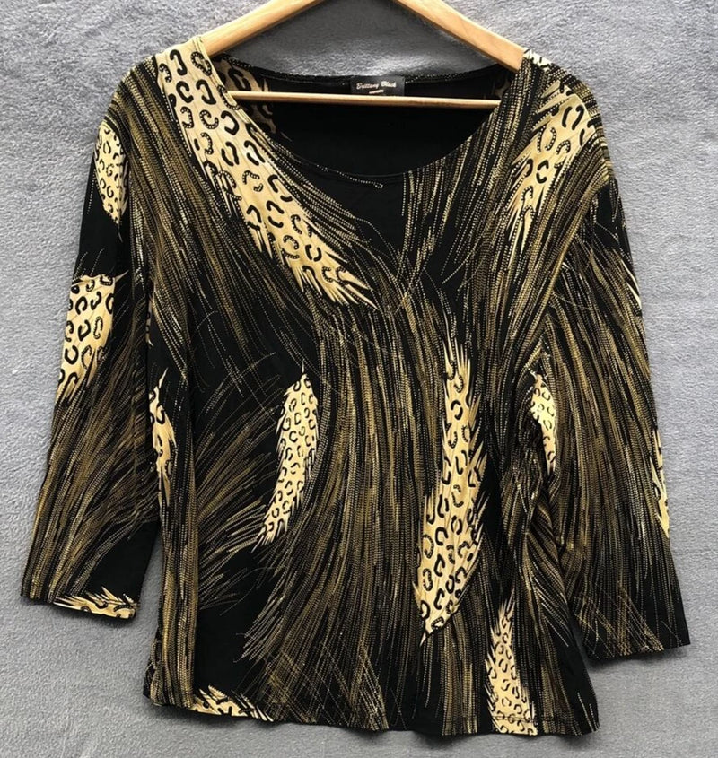 Vintage Brittany Black Women Blouse 3X Black Gold Leopard Feather Pampas Grass Pampas Grass