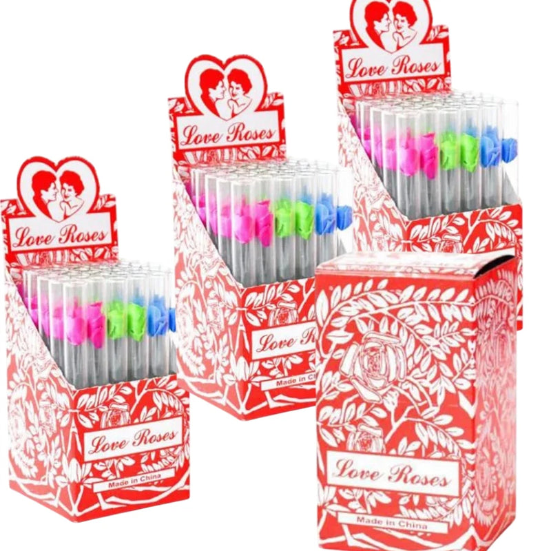 Wholesale set of Love Roses glass tubes, 36-pack in colorful pink, green, blue and clear