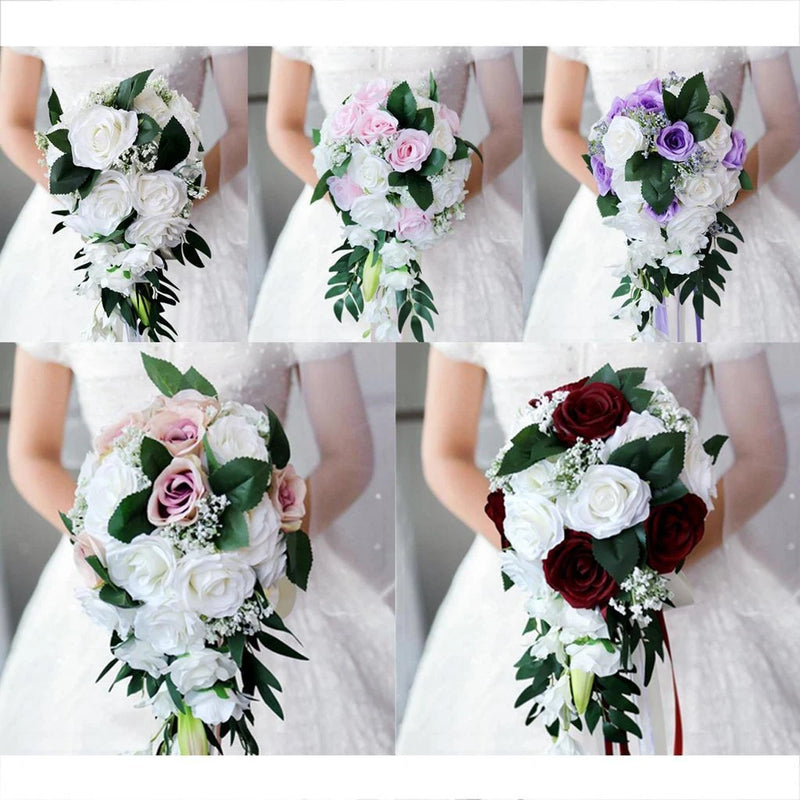 Handmade bridal wedding bouquet with white, pink, purple, and burgundy flowers and green leaves