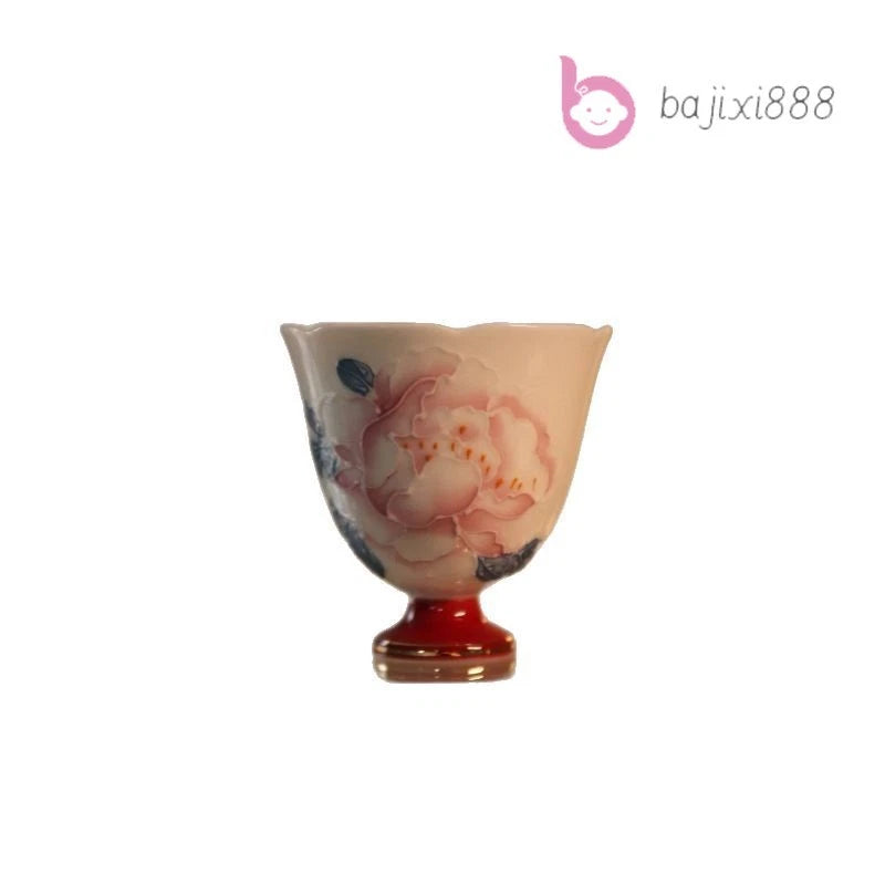 70ml Retro Ceramic Handpainted Peony Flower Mouth Master Cup Tea Tasting Cup Peony