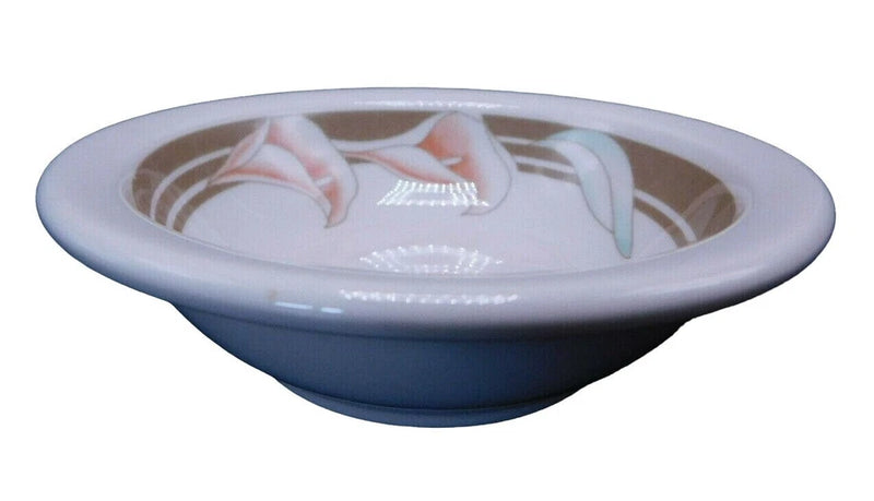 Blue ceramic round bowl with white rim and pink calla lily floral design inside