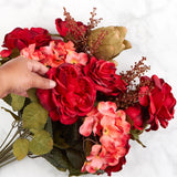 23" Red Artificial Cabbage Rose and Hydrangea Floral Bush Hydrangea