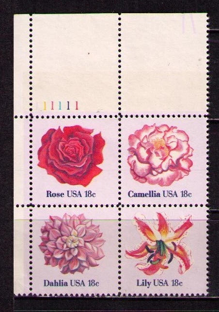 US USA Sc# 1879a MNH FVF PL# BLOCK Flowers Rose Camellia Dahlia Lily Lily