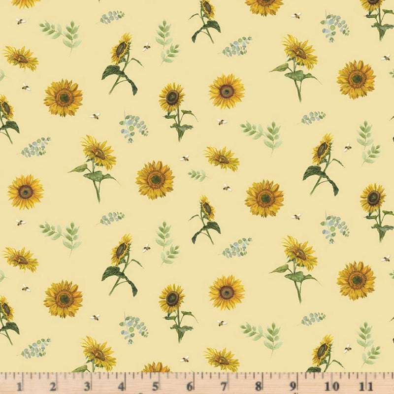 Honey Bees & Flowers Please Sunflowers Yellow Cotton  Fabric C15133 By Half Yard Sunflower
