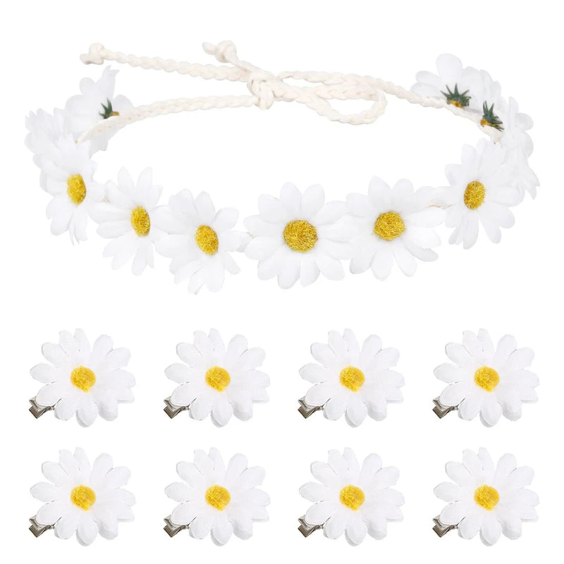 1PC Flower Crown Headband and 8PCS Daisy Hair Clips for Hair Hippie Sunflower Daisies