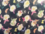 Daisy flower colorful butterfly chiffon fabric on black, 58" wide, sold BTY Daisies