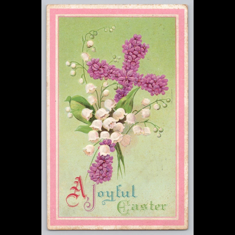 Antique Easter postcard with lilacs and lily of the valley flowers, pink frame