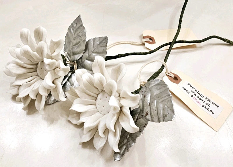 Two Porcelain Ceramic White Stemmed Flowers With Silver Leaves Sunflower