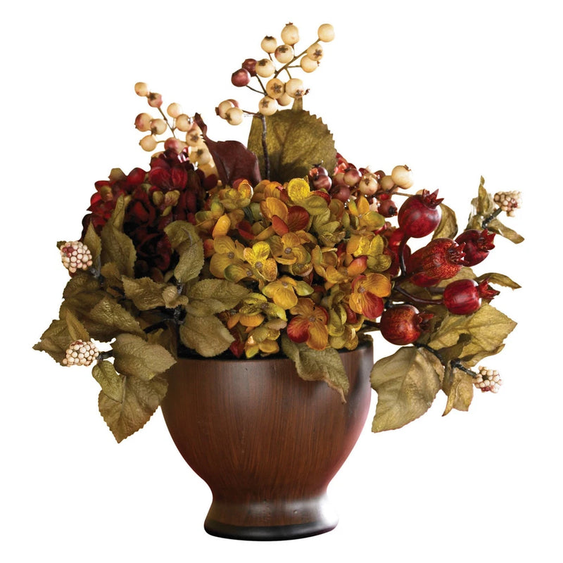 12" SILK AUTUMN HYDRANGEA ARTIFICIAL FAKE FLOWER ARRANGEMENT w/ WOOD VASE NEW Hydrangea
