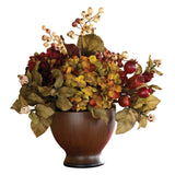 12" SILK AUTUMN HYDRANGEA ARTIFICIAL FAKE FLOWER ARRANGEMENT w/ WOOD VASE NEW Hydrangea