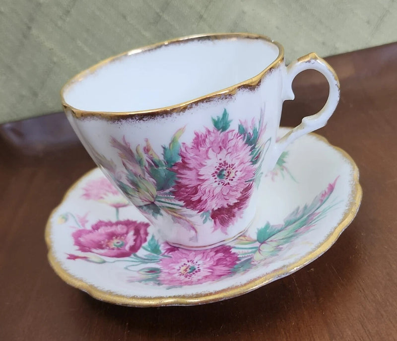 Vintage Royal Stuart Spencer Stevenson Pink Carnation Flower Teacup and Saucer Carnation