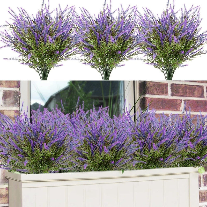 Artificial lavender flower bushes with purple blooms and green stems for outdoor decor