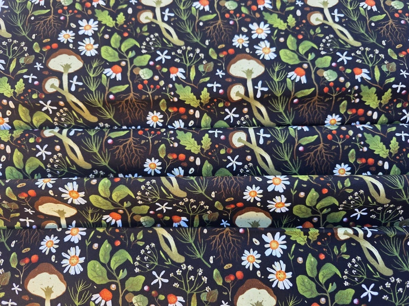 Mushroom Cotton Fabric- Cotton and Quilting Fabric- Flowering Plants