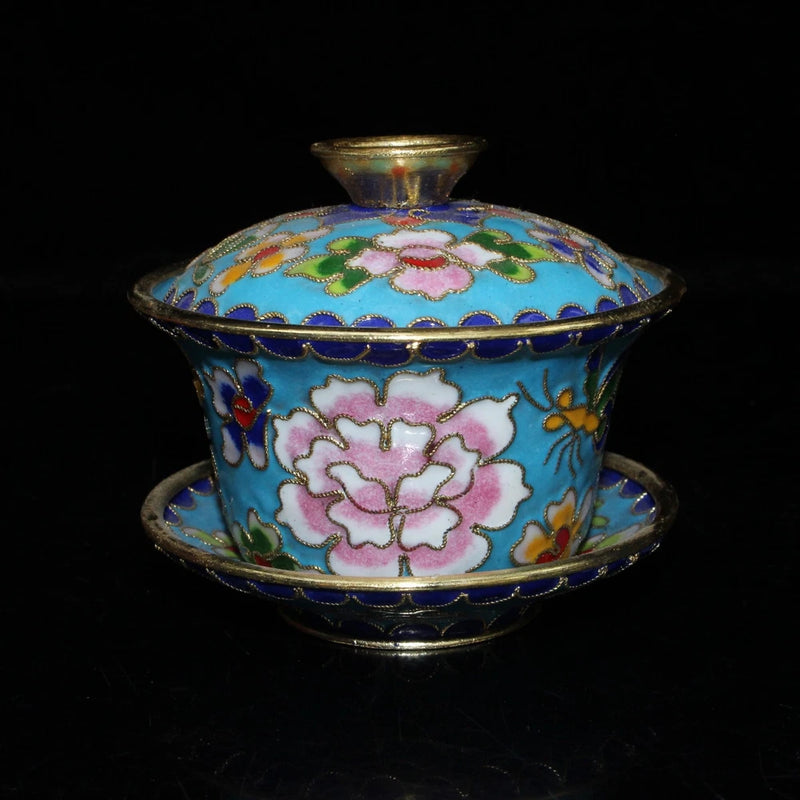Cloisonné lidded bowl with blue finish and pink peony design