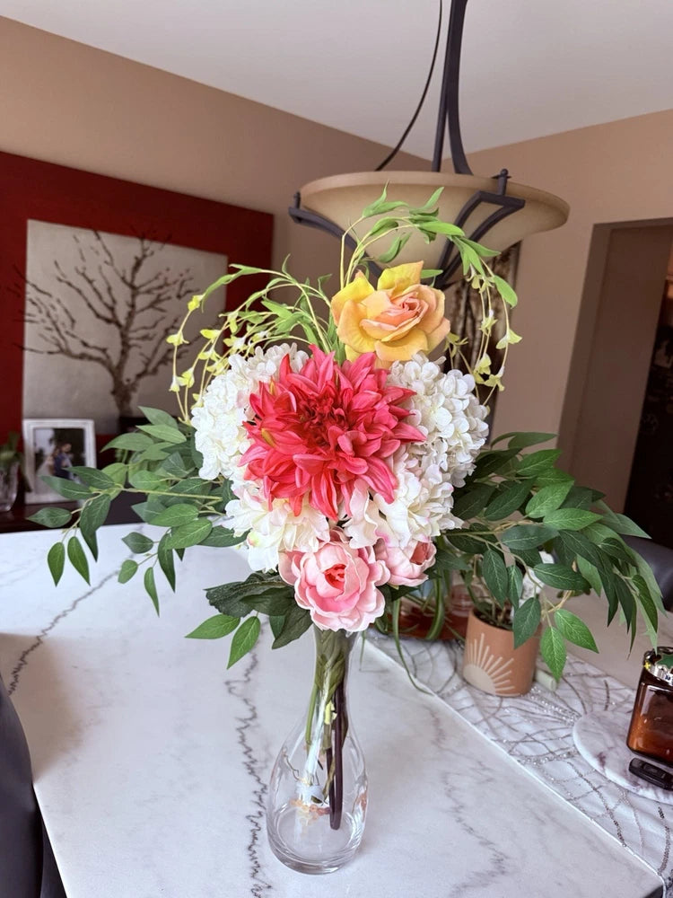 Artificial Multicolor Rose Dahlia Hydrangea Flower Arrangement in Vase Hydrangea