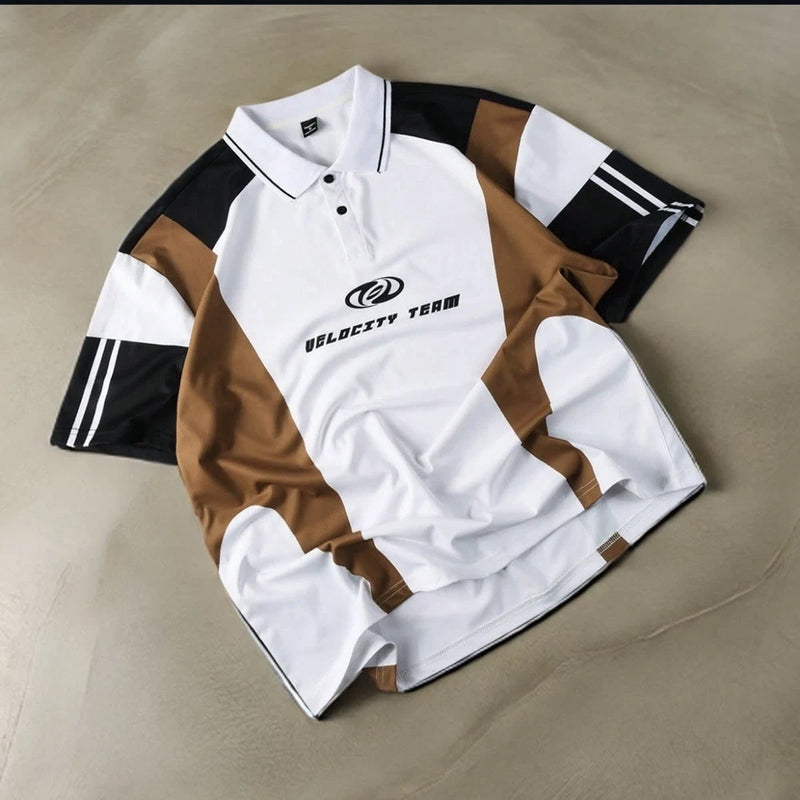 White and black striped polo shirt with embroidered logo