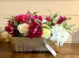 Decorative Silk Flower arrangement With Gold Oblong Textured Vase Hydrangea