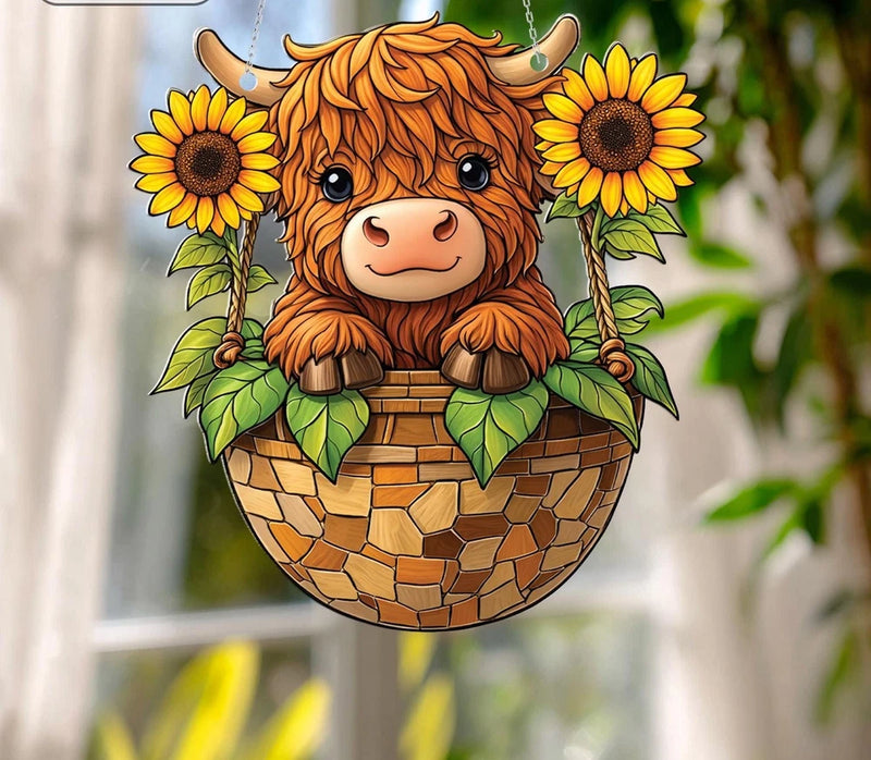 Highland Cow Sunflower Acrylic Suncatcher, Farm Animal Window Hanging Decor Sunflower