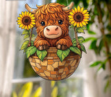 Highland Cow Sunflower Acrylic Suncatcher, Farm Animal Window Hanging Decor Sunflower