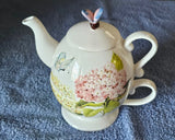 Cracker Barrel Ceramic Hydrangea for One Teapot Butterfly Floral Cottage Core Hydrangea