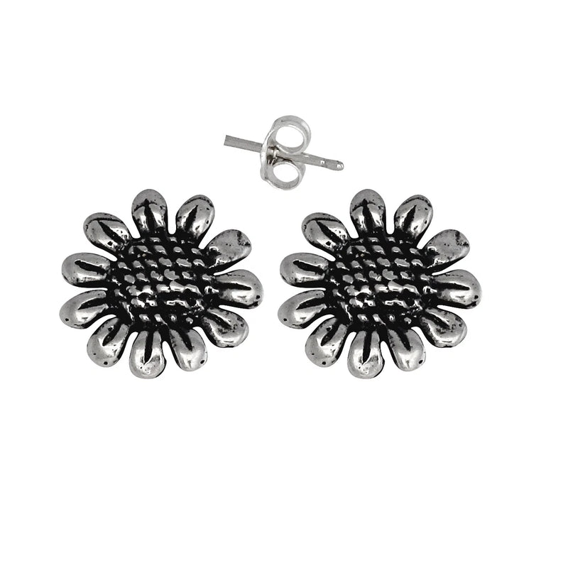 Oxidized sterling silver sunflower stud earrings, dark textured center and scalloped petals