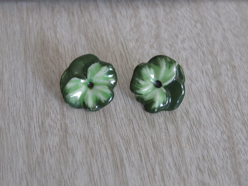 Hand Painted/ Hand Made Ceramic? Clay? Green Peony Flower Stud Earrings 0.75" Peony