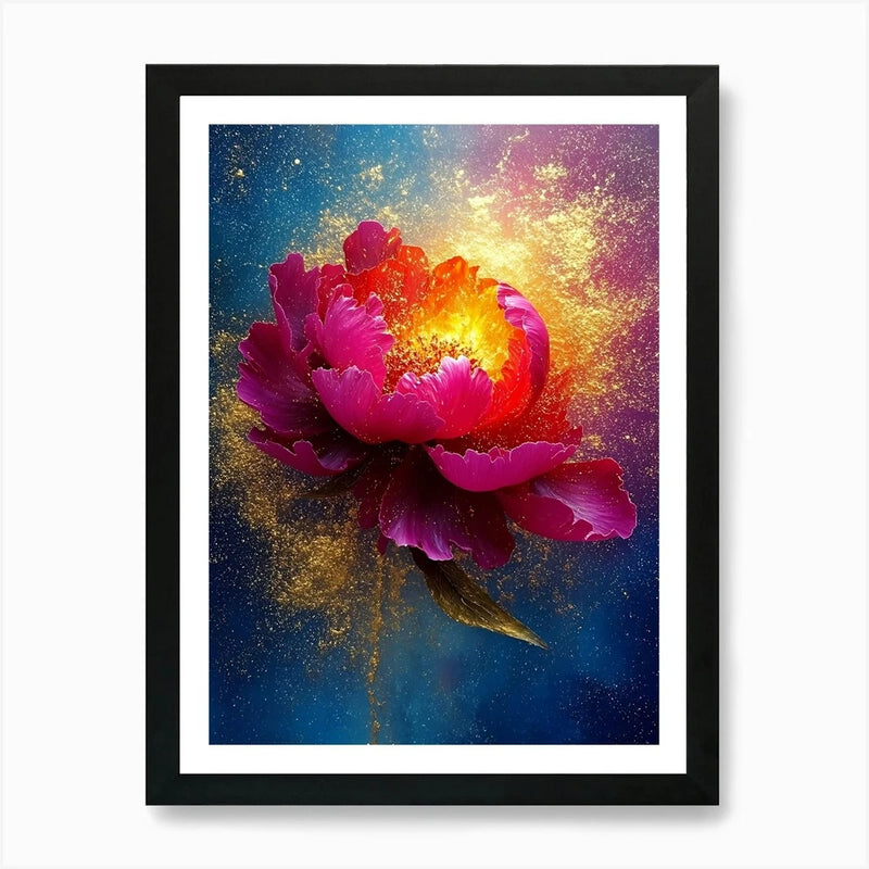 Framed abstract peony wall art with vivid pink flowers on starry colorful background