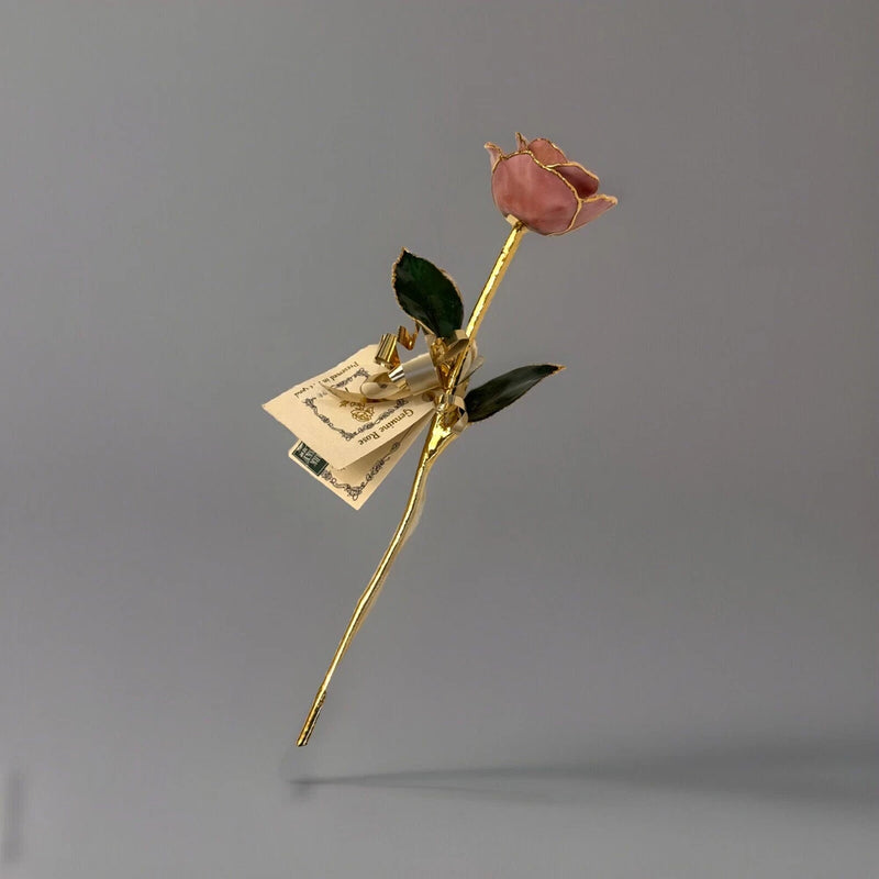 Gold-dipped pink rose with lacquer petals and gold stem, dried flower gift