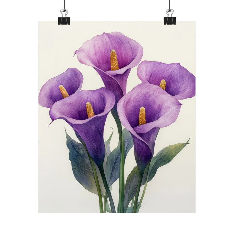 Purple calla lily flower art print poster with 4 blooms and green stems