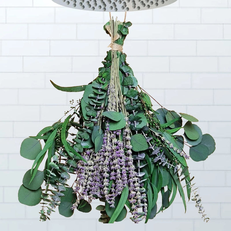 Dried eucalyptus and lavender flower bundle with green leaves and purple sprigs, tied bunch