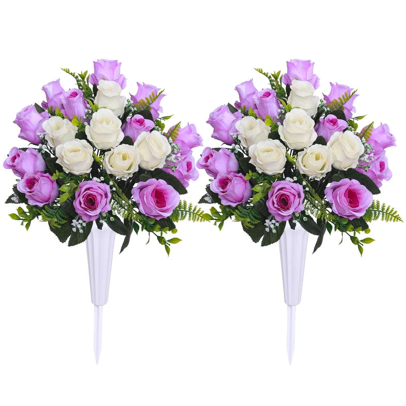 Artificial cemetery flower bouquet with white and purple roses in white vase pair