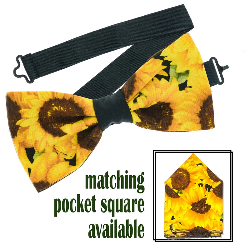 Sunflower print bow tie with matching pocket square, yellow and black fabric