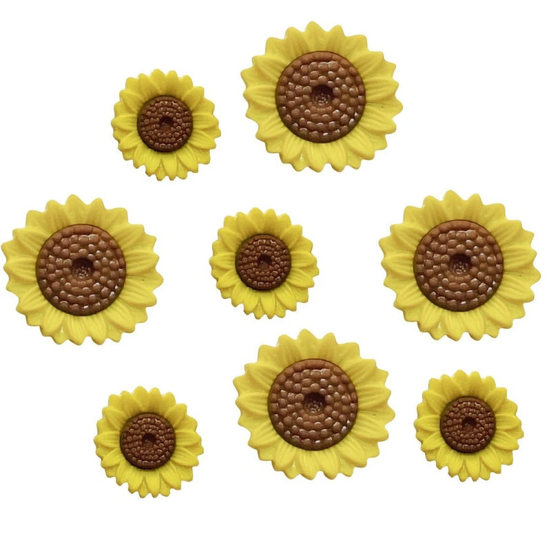 Set of eight sunflower-shaped buttons with yellow petals and brown textured centers.