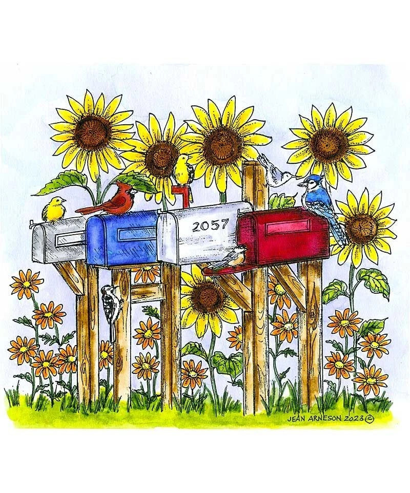Wood-mounted rubber stamp with fall sunflowers, mailboxes, and small birds