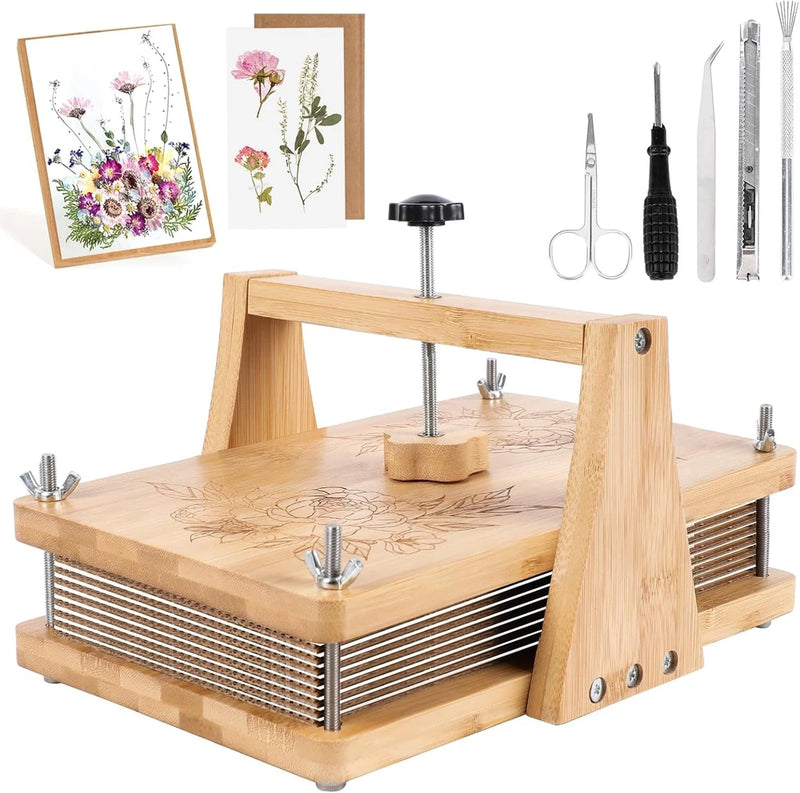 Large wooden flower press kit with adjustable screw plates and clamping frame
