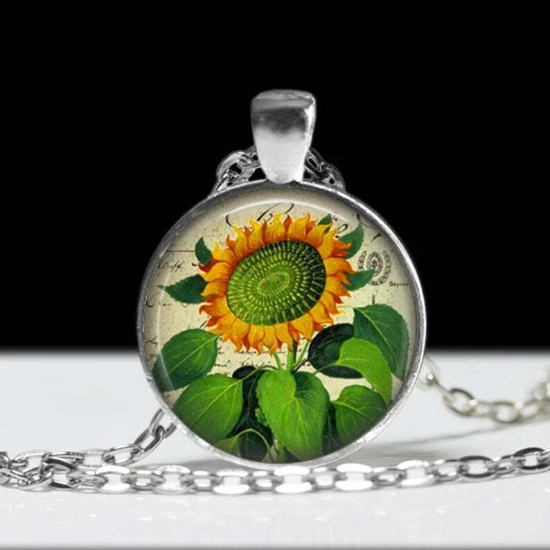 Sterling silver necklace with round sunflower charm pendant and link chain