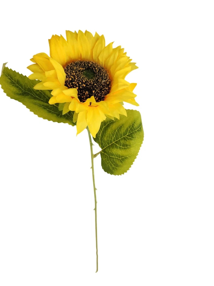 Artificial sunflower stem with yellow faux petals, dark brown center, and green leaves