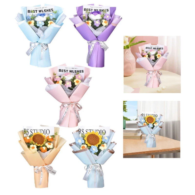 Crochet flower bouquet ornaments with wrapped paper and satin ribbons, assorted colors