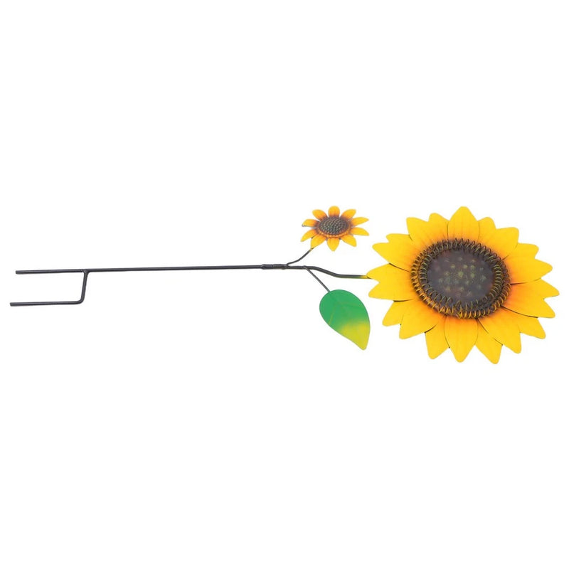 Sunflower garden stake with two yellow blooms and green leaf accents