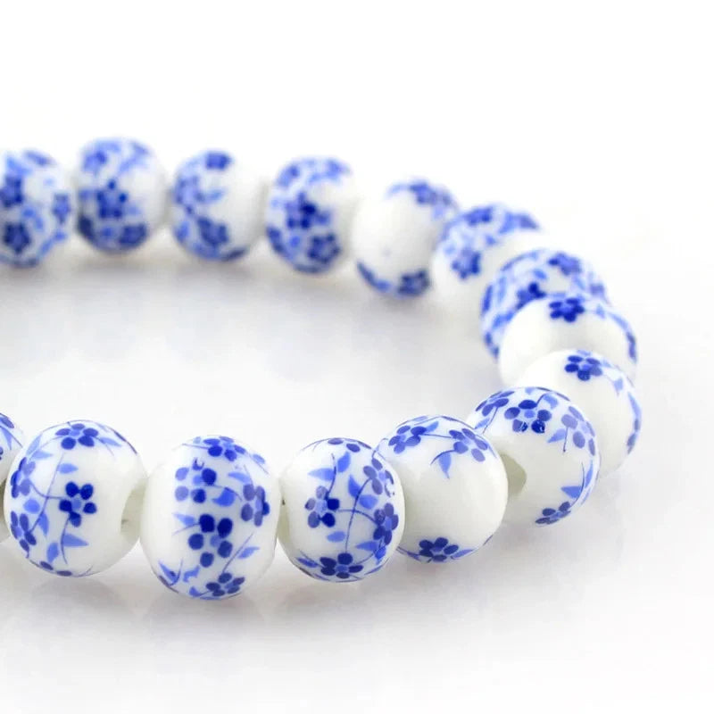 Blue-and-white porcelain beaded bracelet with round ceramic bead band
