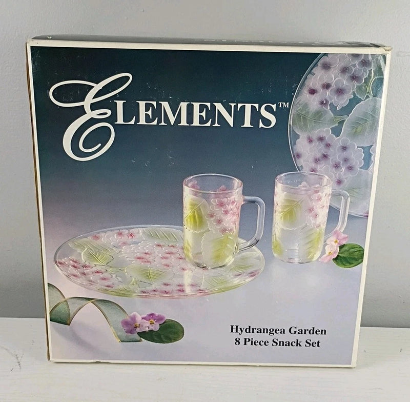 Elements 8pc Set, Hydrangea Garden, Crystal, Green and Purple 10" Plates+ Cups Hydrangea