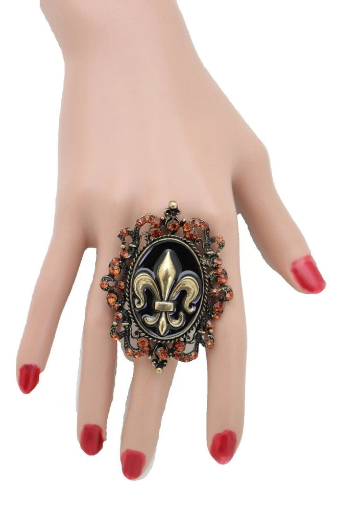 Women Gold Metal Fashion Jewelry Ring Fleur De Lys French Flower Lily Bling Bold Lily