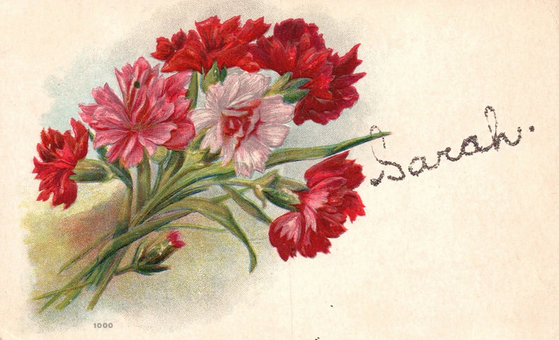 Vintage Postcard Sarah Glittered Lettering Lilies Flower Bouquet Remembrance Lily