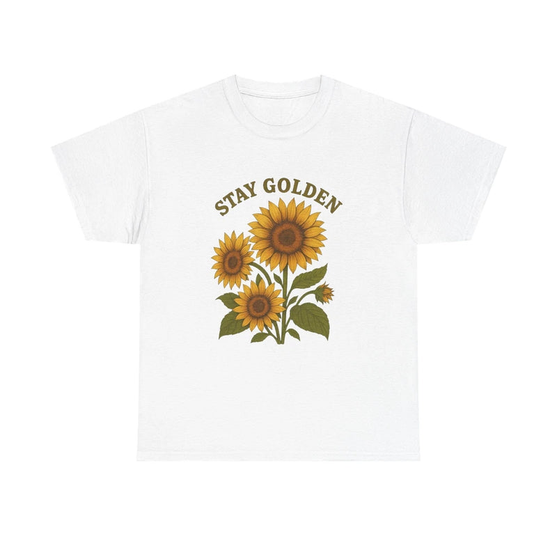 White unisex T-shirt with 'STAY GOLDEN' sunflower graphic