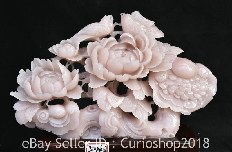 White jade peony flower carving with two birds and ruyi ornament