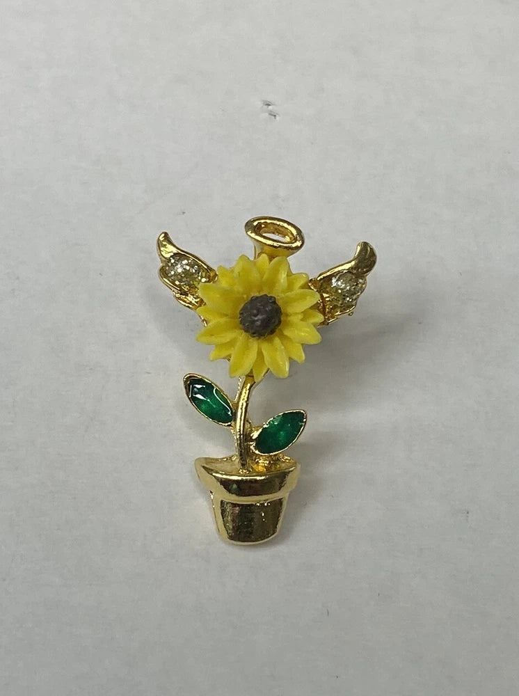 Yellow Sunflower Flower in Pot Angel Wings Halo Lapel Pin Made in USA Sunflower