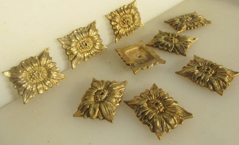 Brass sunflower floral furniture hardware mounts with raised medallion plates