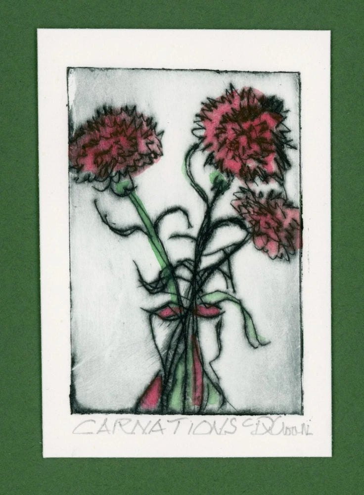 Botanical watercolor etching print with three pink carnations and a red ribbon bow